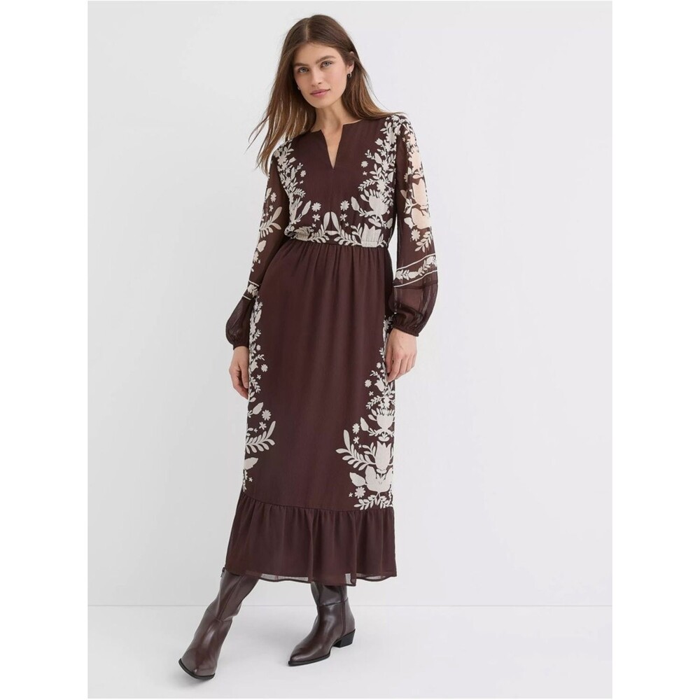 LOFT Floral Garland Flounce Maxi Dress Roasted Walnut Brown Boho Romantic L